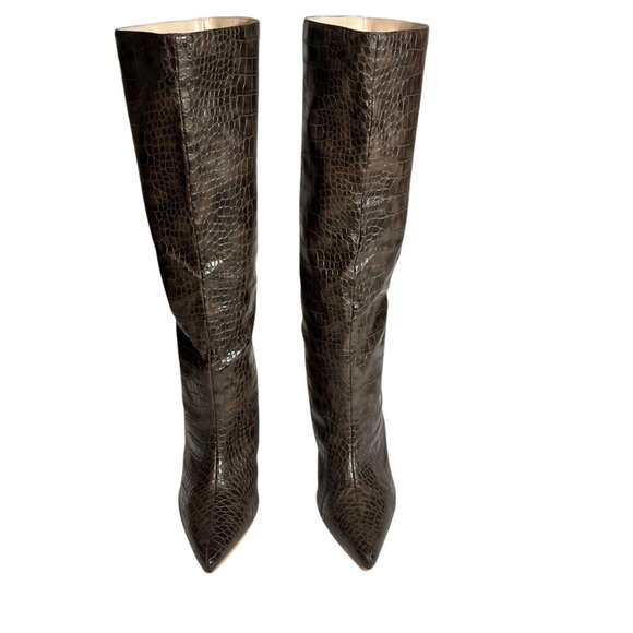 Brown Croc Embossed Knee High Stiletto Heel Boots Size 6 Womens Faux Leather - Picture 7 of 7